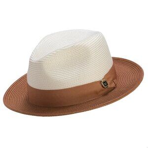 COGNAC Two-tone Pinch Hat Wide Brim Matching Grosgrain Ribbon Straw Fedora H47
